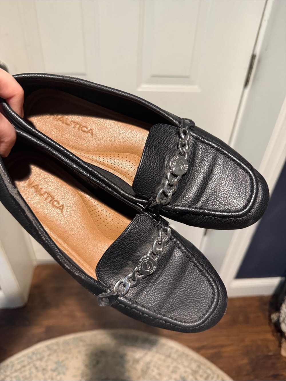 Nautica Black Leather Loafers with Silver Chain Accent